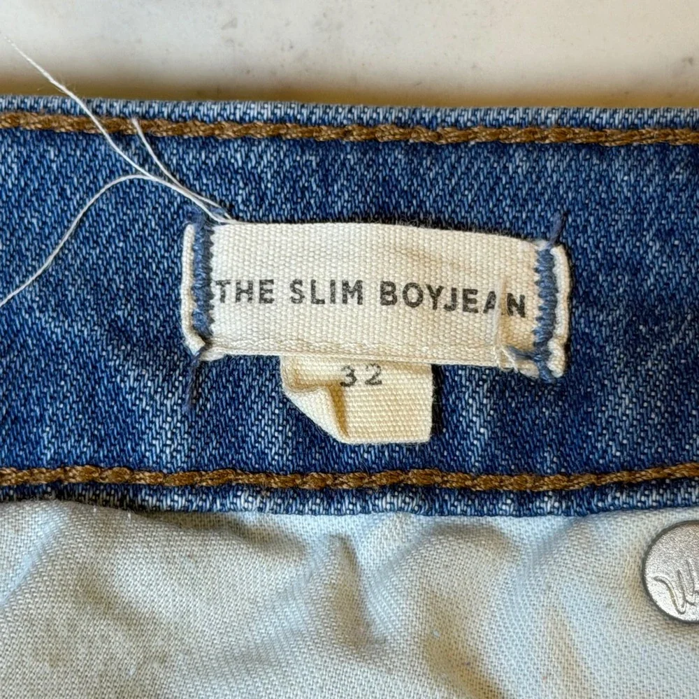 Madewell The Slim Boyjean Medium Wash Distressed Raw Hem Denim Jeans Size 32